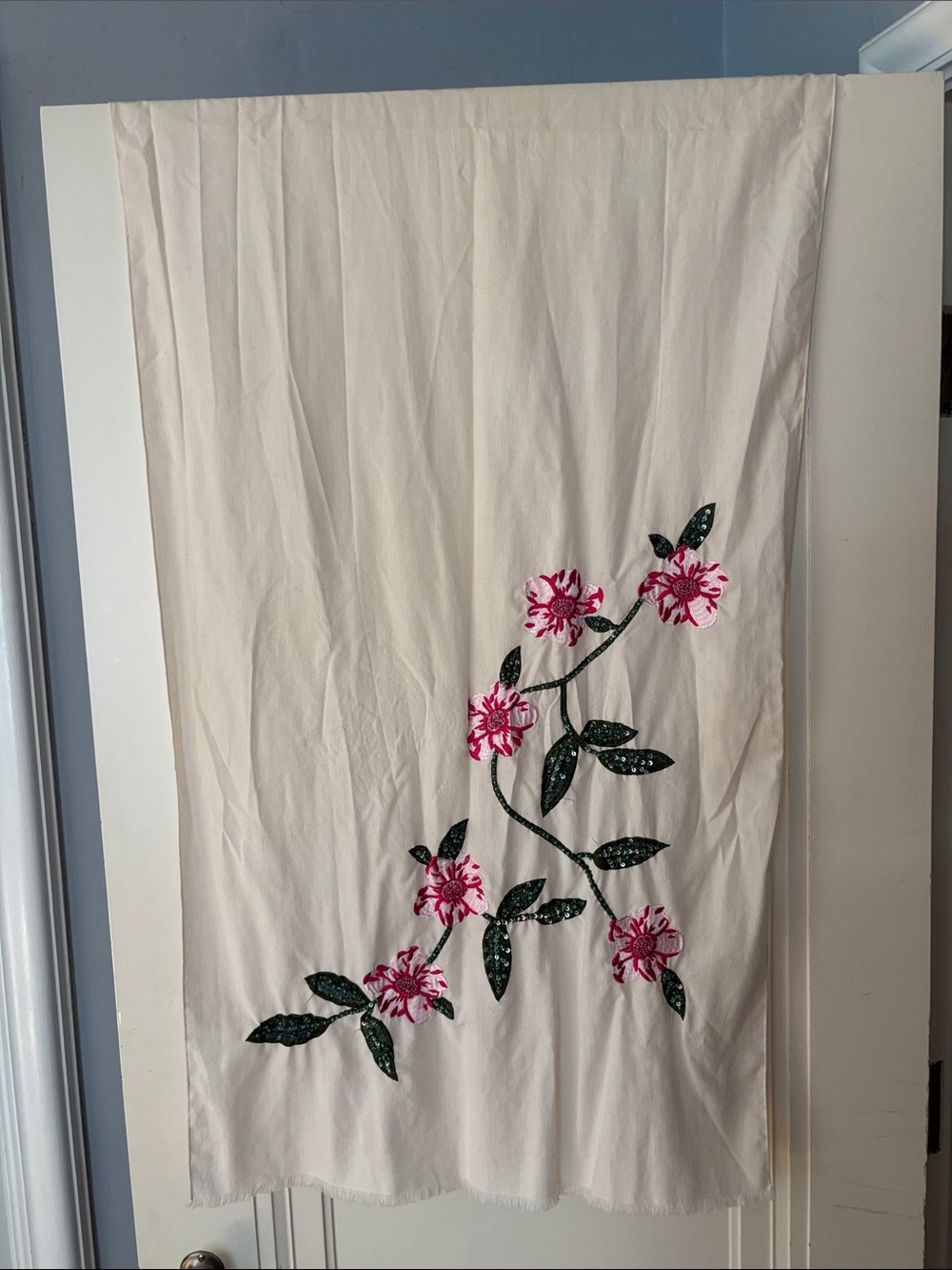 Embroidered Cream Scarf with Pink Floral Accents